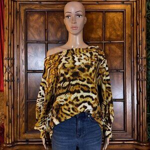 Coldesina Animal Print One Shoulder Off Shoulder Lantern Sleeve Stretch Top